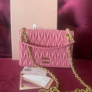 Miu Miu Pink Quilted Leather Shoulder Bag with Gold Chain Strap